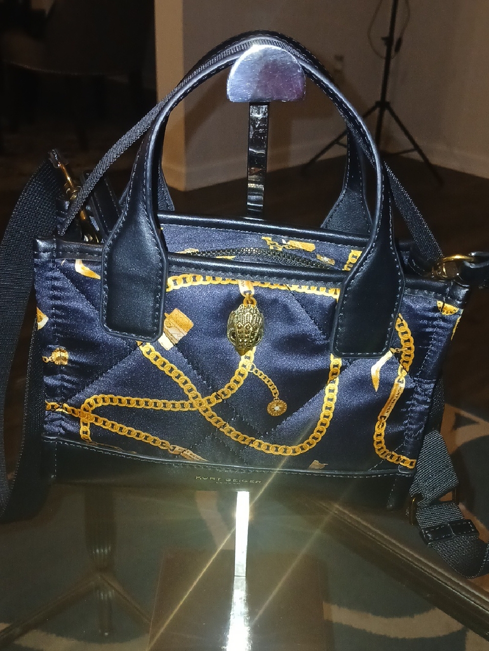 Kurt Geiger London Quilted Black Crossbody Bag with Gold Chain Print